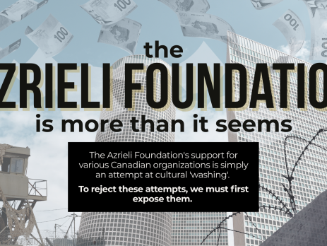 Background of the Azrieli towers in Israel - multiple skyscrappers with countless windows - with Canadian $100 bills falling from the sky. On the bottom left is an IOF outpost and on the bottom right is the annexation wall with barbed wire. Text reads: the Azrieli foundation is more than it seems. The Azrieli Foundation's support for various Canadian organizations is simply an attempt at cultural 'washing'. To reject these attempts, we must first expose them.