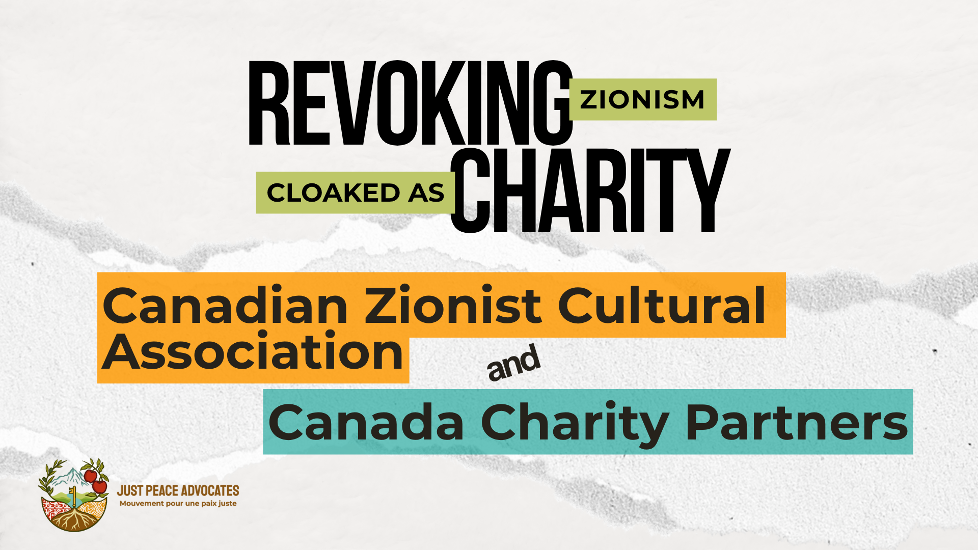 Light beige/grey background with a ripped strip of paper through the centre. Text reads: REVOKING ZIONISM CLOAKED AS CHARITY: Canadian Zionist Cultural Association and Canada Charity Partners