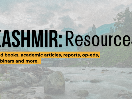 Background of Sonamarg in Kashmir, the view is of a river, stones, mountains and a bright blue sky and green hillside. Text reads: KASHMIR: Resources. Find books, academic article, reports, op-eds, webinars and more.