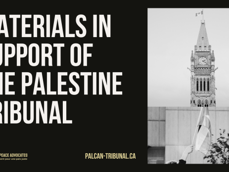 "Black background with grey and beige text: ”materials in support of The Palestine Tribunal. palcan-tribunal.ca" Two photos on the right, the top is of the clock tower on Parliament hill in Ottawa. The second is of a child's handing holding up a Palestinian flag outside of a building.