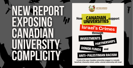 Black and white background graphic of students graduating with their hands in the air celebrating, throwing their graduation caps. Above them are three graduation caps AND graphics of planes dropping bombs, and bombs falling. Text reads: New report exposing Canadian university complicity. To the right is the title page image of the report which reads: How Canadian Universities support Israel's Crimes through investments, partnerships, donor funds, and anti-Palestinian racism. A look at the ways Canadian universities engage in a mutually beneficial, inherently violent, settler colonial relationship with Israel