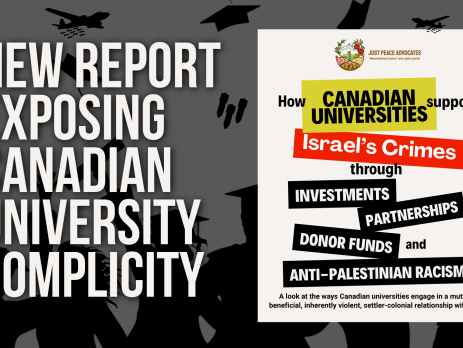 Black and white background graphic of students graduating with their hands in the air celebrating, throwing their graduation caps. Above them are three graduation caps AND graphics of planes dropping bombs, and bombs falling. Text reads: New report exposing Canadian university complicity. To the right is the title page image of the report which reads: How Canadian Universities support Israel's Crimes through investments, partnerships, donor funds, and anti-Palestinian racism. A look at the ways Canadian universities engage in a mutually beneficial, inherently violent, settler colonial relationship with Israel