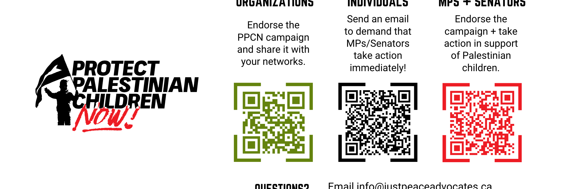 White background with the Protect Palestinian Children Now logo. There are three sections to the right, one for organizations to take action, one for individuals, and another for MPs and senators. There is a QR code for each action item.