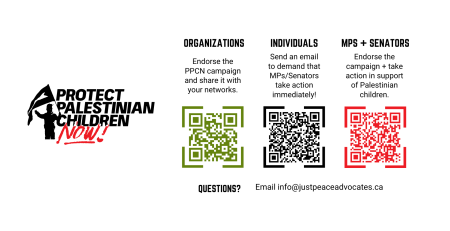White background with the Protect Palestinian Children Now logo. There are three sections to the right, one for organizations to take action, one for individuals, and another for MPs and senators. There is a QR code for each action item.