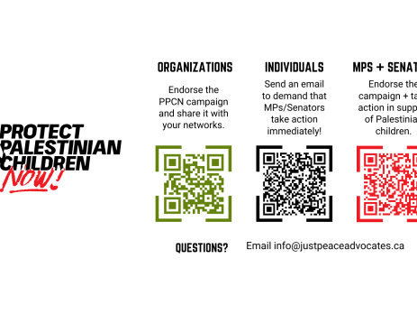 White background with the Protect Palestinian Children Now logo. There are three sections to the right, one for organizations to take action, one for individuals, and another for MPs and senators. There is a QR code for each action item.