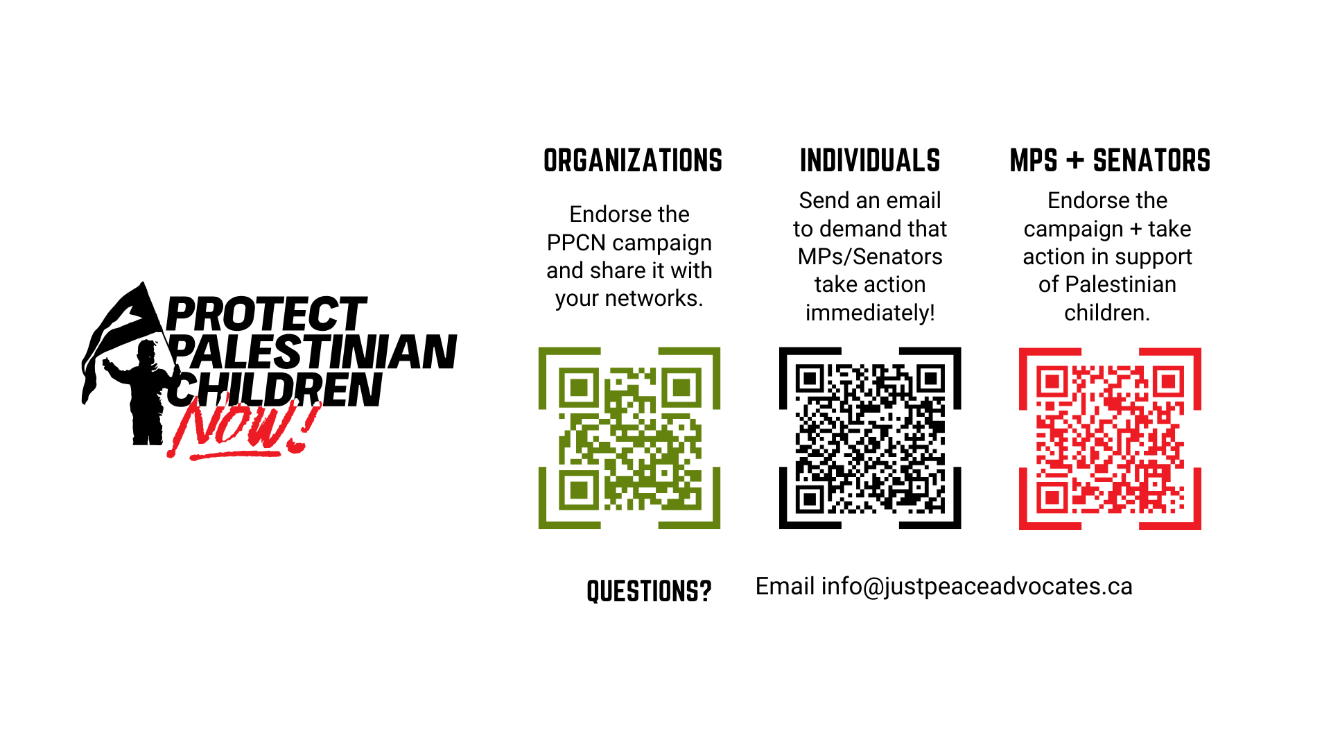 White background with the Protect Palestinian Children Now logo. There are three sections to the right, one for organizations to take action, one for individuals, and another for MPs and senators. There is a QR code for each action item.