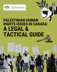 1 Green background with the title "Palestinian Human Rights Issues in Canada: A Legal & Tactical Guide" in black, bold font. Across the bottom are people protesting and holding signs, with their backs to the camera. In the top leftcorner is the JPA logo and in the top right corner is a megaphone, olive branch, and a person with their back towards us, wearing a kuffiyeh on their head.