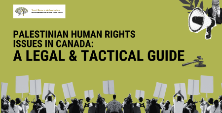 Green background with the title "Palestinian Human Rights Issues in Canada: A Legal & Tactical Guide" in black, bold font. Across the bottom are people protesting and holding signs, with their backs to the camera. In the top leftcorner is the JPA logo and in the top right corner is a megaphone, olive branch, and a person with their back towards us, wearing a kuffiyeh on their head.