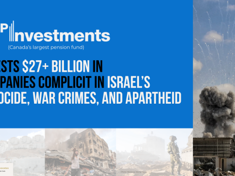 Bright blue background with images along the right and bottom border - images of bombs exploding on buildings in Gaza, IOF soldiers in Gaza and the West Bank, and a Palestinian man with his arms out in desperation in front of a destroyed building. Text reads "CPP Investments (Canada's largest pension fund) invests $27+ billion in companies complicit in Israel's genocide, war crimes, and apartheid.
