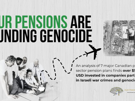 Light grey background with grain texture, bold title: OUR PENSIONS ARE FUNDING GENOCIDE. With a photo of six people sitting/standing around a laptop smiling -- and dotted squiggly goes from a piggy bank on the back of the laptop to a large plane; beside the plan is a photo of the Hanadi building in Gaza which was destroyed by the IOF.