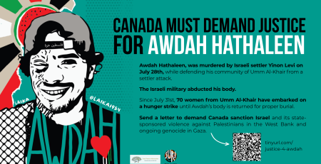 Teal background with a graphic of Awdah Hathaleen on the left, he is smiling with a sun (depicted as a rainbow) shining behind his head, the colours of the Palestinian flag as beams of sunshine. Awdah is wearing a backwards baseball cap, a kuffiyeh over their shoulder, and across their black-tshirt it says "AWDAH". Graphic by @laika1954. Text on the right reads "Canada Must Demand Justice for Awdah Hathaleen" with text from this post and a QR code below.