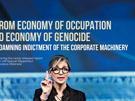 Blue background with a photo of UN Special Rapporteur Francesca Albanese speaking and holding up a finger. Text reads: From Economy of Occupation to Economy of Genocide. A damning indictment of the corporate machinery. Reviwing the newly released report from UN Special Rapporteur Francesca Albanese