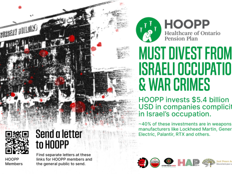 White background, with a black and white photo of a damaged hostpial in Gaza with blood stain graphics overtop. Text reads "HOOPP (Healthcare of Ontario Pension Plan) must divest from Israeli occupation and war crimes. HOOPP invests $5.4 billion USD in companies complicit in Israel's occupation. About 40% of these investments are in weapons manufacturers like Lockheed Martin, General Electric, Palantir, RTX and others. Send a letter to HOOPP." There are two QR codes, one for HOOPP members, and one for the general public.