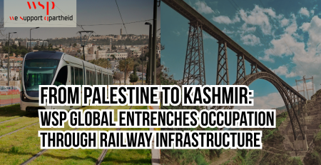 Background is split between two photos: one is of the Jerusalem Light Rail train going up a grassy hill; the other is a photo of the newly opened Chenab bridge in Kashmir. In the top left corner is a logo that says "WSP, we support apartheid" with the P looking like an a in "apartheid". Title reads: from Palestine to Kashmir: WSP Global entrenches occupation through railway infrastructure