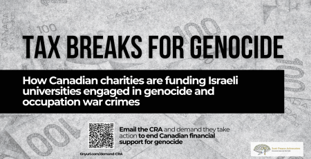 Black and white background of Canadian $100 bills. Text reads: Tax breaks for genocide. How Canadian charities are funding Israeli universities engaged in genocide and occupation war crimes. Below is a call to action to email the CRA (info in post) and the JPA logo.