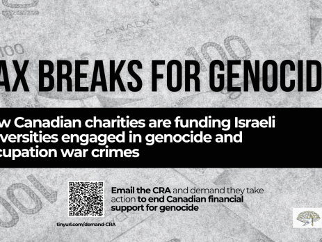Black and white background of Canadian $100 bills. Text reads: Tax breaks for genocide. How Canadian charities are funding Israeli universities engaged in genocide and occupation war crimes. Below is a call to action to email the CRA (info in post) and the JPA logo.