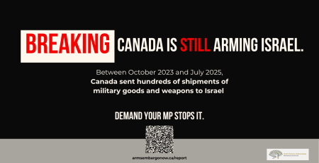 Black and white background with bold text: BREAKING CANADA IS STILL ARMING ISRAEL. Between October 2023 and July 2025, Canada sent hundreds of shipments of military goods and weapons to Israel. Demand your MP stops it.