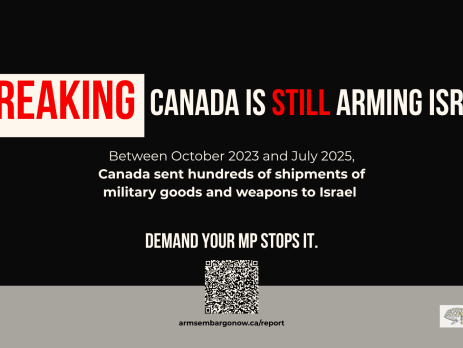 Black and white background with bold text: BREAKING CANADA IS STILL ARMING ISRAEL. Between October 2023 and July 2025, Canada sent hundreds of shipments of military goods and weapons to Israel. Demand your MP stops it.