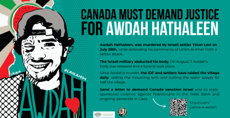 Teal background with a graphic of Awdah Hathaleen on the left, he is smiling with a sun (depicted as a rainbow) shining behind his head, the colours of the Palestinian flag as beams of sunshine. Awdah is wearing a backwards baseball cap, a kuffiyeh over their shoulder, and across their black-tshirt it says "AWDAH". Graphic by @laika1954. Text on the right reads "Canada Must Demand Justice for Awdah Hathaleen" with text from this post and a QR code below.