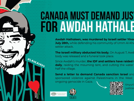 Teal background with a graphic of Awdah Hathaleen on the left, he is smiling with a sun (depicted as a rainbow) shining behind his head, the colours of the Palestinian flag as beams of sunshine. Awdah is wearing a backwards baseball cap, a kuffiyeh over their shoulder, and across their black-tshirt it says "AWDAH". Graphic by @laika1954. Text on the right reads "Canada Must Demand Justice for Awdah Hathaleen" with text from this post and a QR code below.