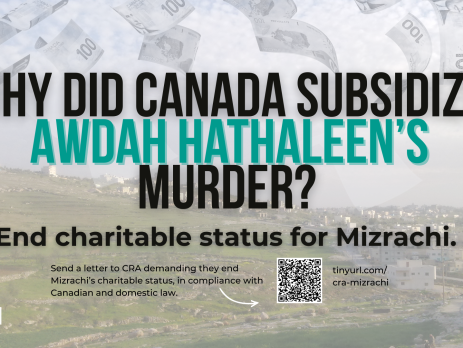 Background of Masafer Yatta with canadian money falling from the sky. Text reads: 'WHY DID CANADA SUBSIDIZE AWDAH HATHALEEN'S MURDER? End charitable status for Mizrachi. Send a letter to the CRA"