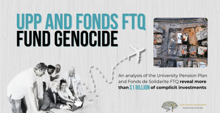 Light grey background with grain texture, bold title: UPP AND FONDS FTQ FUND GENOCIDE. With a photo of six people sitting/standing around a laptop smiling -- and dotted squiggly goes from a piggy bank on the back of the laptop to a large plane; beside the plan is a photo of the Hanadi building in Gaza which was destroyed by the IOF.