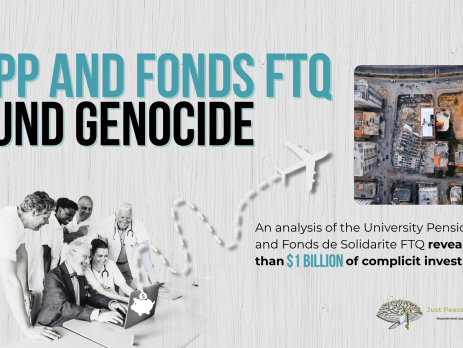 Light grey background with grain texture, bold title: UPP AND FONDS FTQ FUND GENOCIDE. With a photo of six people sitting/standing around a laptop smiling -- and dotted squiggly goes from a piggy bank on the back of the laptop to a large plane; beside the plan is a photo of the Hanadi building in Gaza which was destroyed by the IOF.