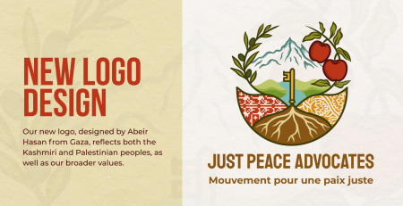 Beige background with bold text : NEW LOGO DESIGN. Our new logo, designed by Abeir Hasan from Gaza, reflects both the Kashmiri and Palestinian peoples, as well as our broader values. With the new JPA logo which is: a landscape with elements for Kashmir and Palestine. It contains an olive branch and apple branch, rolling hills and mountains, grassland, a river, tree roots, tatreez, and paisley (or buta). Together is represents the Kashmiri and Palestinian peoples as well as our broader values of anti-imperialism, decolonization, and the struggles of peoples oppressed by colonial systems globally.