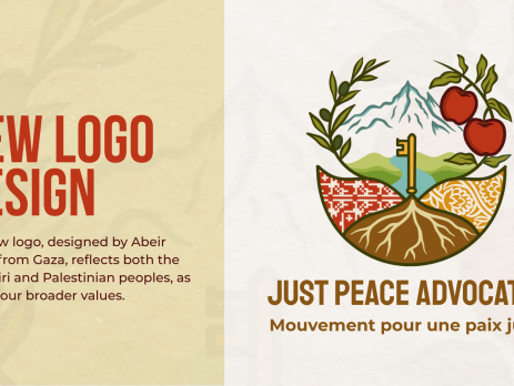 Beige background with bold text : NEW LOGO DESIGN. Our new logo, designed by Abeir Hasan from Gaza, reflects both the Kashmiri and Palestinian peoples, as well as our broader values. With the new JPA logo which is: a landscape with elements for Kashmir and Palestine. It contains an olive branch and apple branch, rolling hills and mountains, grassland, a river, tree roots, tatreez, and paisley (or buta). Together is represents the Kashmiri and Palestinian peoples as well as our broader values of anti-imperialism, decolonization, and the struggles of peoples oppressed by colonial systems globally.