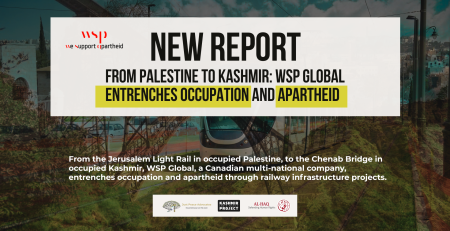 Background image is a faded combination of the Chenab Bridge and the Jerusalem Light Rail. Bold heading reads: New Report From Palestine to Kashmir: WSP Global Entrenches Occupation and Apartheid. Along with a revised wsp logo that says "we support apartheid" underneath "wsp". Logos for Just Peace Advocates, Kashmir Law & Justice Project, and Al-Haq are at the bottom.