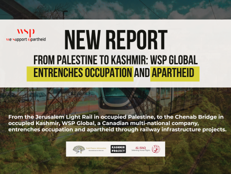Background image is a faded combination of the Chenab Bridge and the Jerusalem Light Rail. Bold heading reads: New Report From Palestine to Kashmir: WSP Global Entrenches Occupation and Apartheid. Along with a revised wsp logo that says "we support apartheid" underneath "wsp". Logos for Just Peace Advocates, Kashmir Law & Justice Project, and Al-Haq are at the bottom.