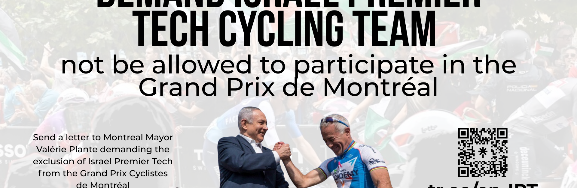 Background of an Israeli rider with many Palestinian flags being waved. In the foreground is a photo of Netanyahu and Sylvan Adams (owner of the cycling team) shaking hands happily.