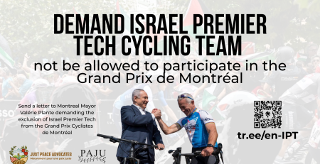 Background of an Israeli rider with many Palestinian flags being waved. In the foreground is a photo of Netanyahu and Sylvan Adams (owner of the cycling team) shaking hands happily.