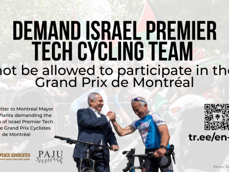 Background of an Israeli rider with many Palestinian flags being waved. In the foreground is a photo of Netanyahu and Sylvan Adams (owner of the cycling team) shaking hands happily.