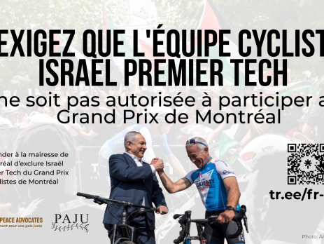 "En arrière-plan, un cycliste israélien entouré de nombreux drapeaux palestiniens qui flottent au vent. Au premier plan, une photo de Netanyahu et Sylvan Adams (propriétaire de l'équipe cycliste) se serrant joyeusement la main.