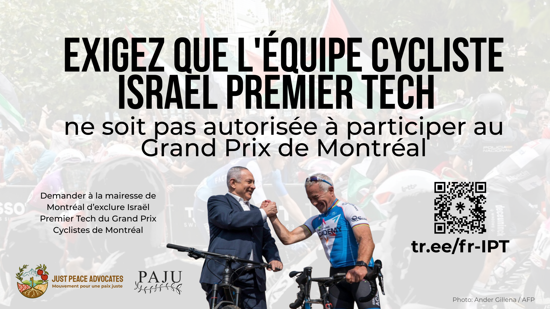 "En arrière-plan, un cycliste israélien entouré de nombreux drapeaux palestiniens qui flottent au vent. Au premier plan, une photo de Netanyahu et Sylvan Adams (propriétaire de l'équipe cycliste) se serrant joyeusement la main.
