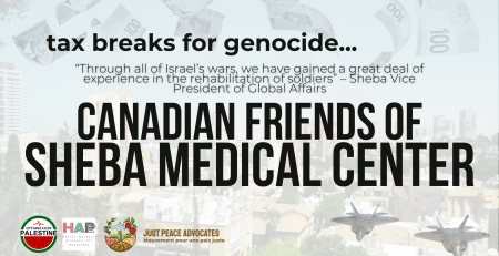 Photo of Jaffa with fighter jets in the bottom right corner and Canadian $100 bills falling from the sky. Text reads: Tax Breaks for Genocide: Canadian Friends of Sheba Medical Center “Through all of Israel’s wars, we have gained a great deal of experience in the rehabilitation of soldiers” – Sheba Vice President of Global Affairs