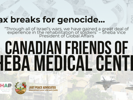 Photo of Jaffa with fighter jets in the bottom right corner and Canadian $100 bills falling from the sky. Text reads: Tax Breaks for Genocide: Canadian Friends of Sheba Medical Center “Through all of Israel’s wars, we have gained a great deal of experience in the rehabilitation of soldiers” – Sheba Vice President of Global Affairs