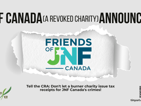 Grey background with bold text: JNF Canada (a revoked charity) announces Friends of JNF Canada (with their new logo). Text follows reading: Tell the CRA: Don't let a burner charity issue tax receipts for JNF Canada's crimes!