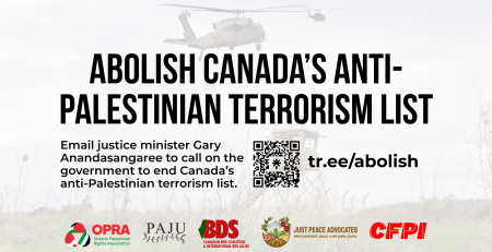 Background of an Israeli military tower in the West Bank with military helicopters in the air. Text reads: Abolish Canada’s anti-Palestinian terrorism list. Email justice minister Gary Anandasangaree to call on the government to end Canada’s anti-Palestinian terrorism list.