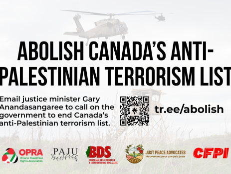 Background of an Israeli military tower in the West Bank with military helicopters in the air. Text reads: Abolish Canada’s anti-Palestinian terrorism list. Email justice minister Gary Anandasangaree to call on the government to end Canada’s anti-Palestinian terrorism list.