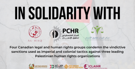 Background of a blurry photo of a person wearing a kuffiyeh and holding up a Palestinian flag in front of a cracked cement wall. Text reads: In solidarity with Al-Haq, PCHR, and Al Mezan. "Four Canadian legal and human rights groups condemn the vindictive sanctions used as imperial and colonial tactics against three leading Palestinian human rights organizations."