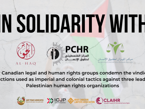 Background of a blurry photo of a person wearing a kuffiyeh and holding up a Palestinian flag in front of a cracked cement wall. Text reads: In solidarity with Al-Haq, PCHR, and Al Mezan. "Four Canadian legal and human rights groups condemn the vindictive sanctions used as imperial and colonial tactics against three leading Palestinian human rights organizations."