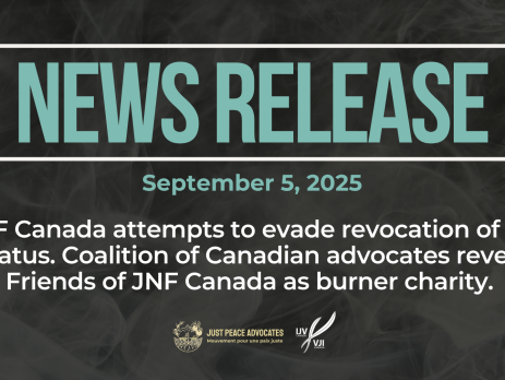 Dark background with nearly transparent white wispy smoke. Bold blue text reads: NEWS RELEASE September 5, 2025 Title: JNF Canada attempts to evade revocation of tax status. Coalition of Canadian advocates reveal Friends of JNF Canada as burner charity.