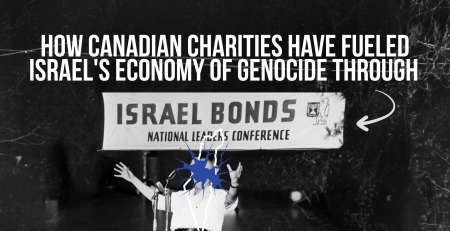 Black background with white text over a banner reading "Israel Bonds (national leader conference)" under which David Ben-Gurion is speaking. Text reads: How Canadian charities have fueled Israel's economy of genocide through [Israel Bonds]