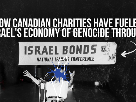 Black background with white text over a banner reading "Israel Bonds (national leader conference)" under which David Ben-Gurion is speaking. Text reads: How Canadian charities have fueled Israel's economy of genocide through [Israel Bonds]