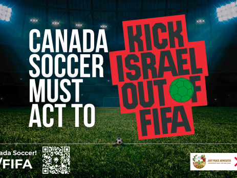 Background of a football stadium, with stadium lights shining into the centre. Text reads "CANADA SOCCER MUST ACT TO 'KICK ISRAEL OUT OF FIFA" with a QR code and link tr.ee/FIFA to email Canada Soccer