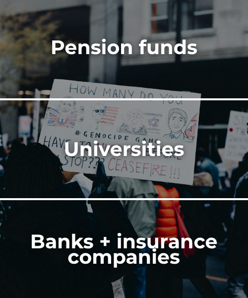 Semi-transparent background of a protest for Palestine with a sign and Palestinian flags waving with bold white text: pension funds, universities, banks + insurance companies