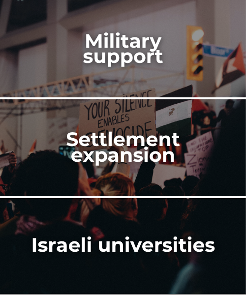 Semi-transparent background of a protest for Palestine with a sign and Palestinian flags waving with bold white text: military support, settlement expansion, israeli universities