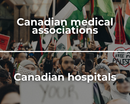 Semi-transparent background of a protest for Palestine with a sign and Palestinian flags waving with bold white text: Canadian medical associations, Canadian hospitals